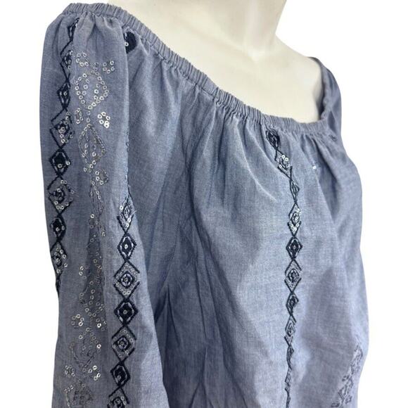 Chicos Womens Embellished Denim Chambray Embroidered Sequin Top Shirt Blue 2/ L - Picture 4 of 16